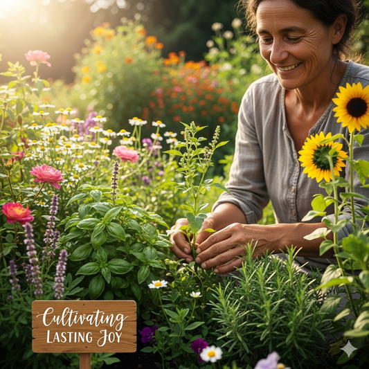 An image of a person with a warm smile, tending to a lush, green plant in a vibrant, sun-drenched garden. The garden is filled with colorful flowers like roses, daisies, and sunflowers