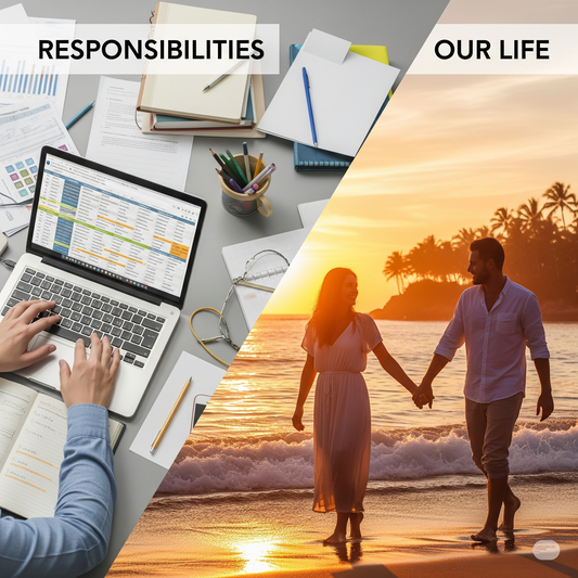 A subtle diagonal line divides the two contrasting scenes, visually connecting the two aspects of life.