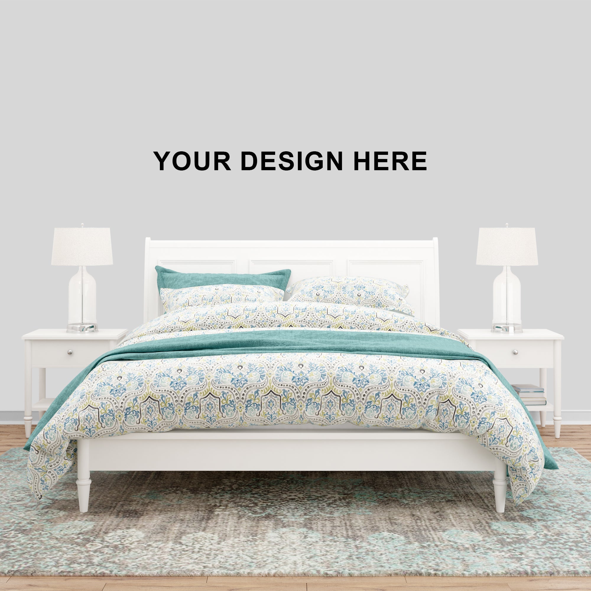 Bedroom with a bed featuring a floral comforter and pillows, flanked by two nightstands with lamps.