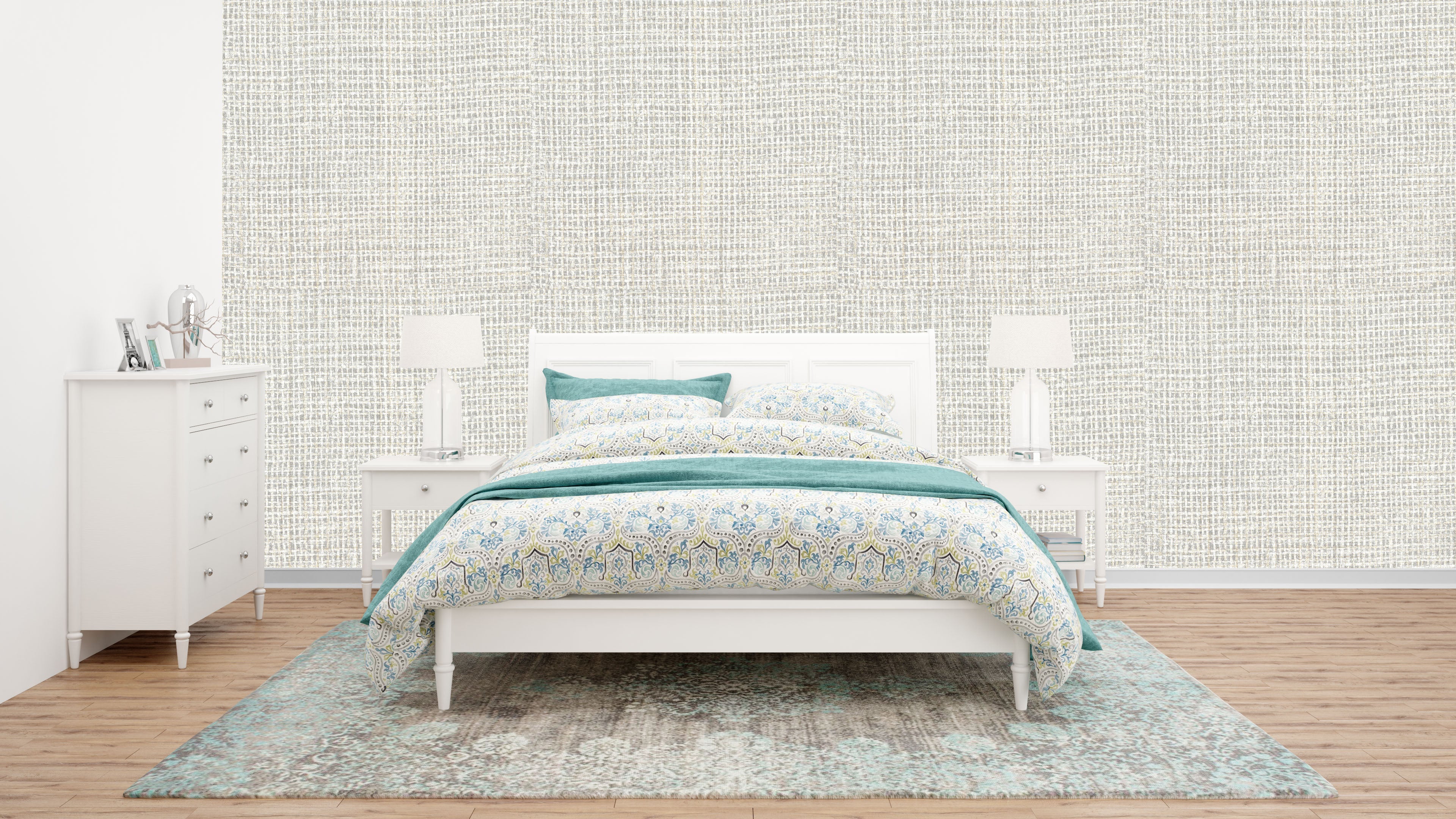 Elegant Beige/Off-White Woven Texture Wallpaper with Subtle Blue Tones for Bedrooms