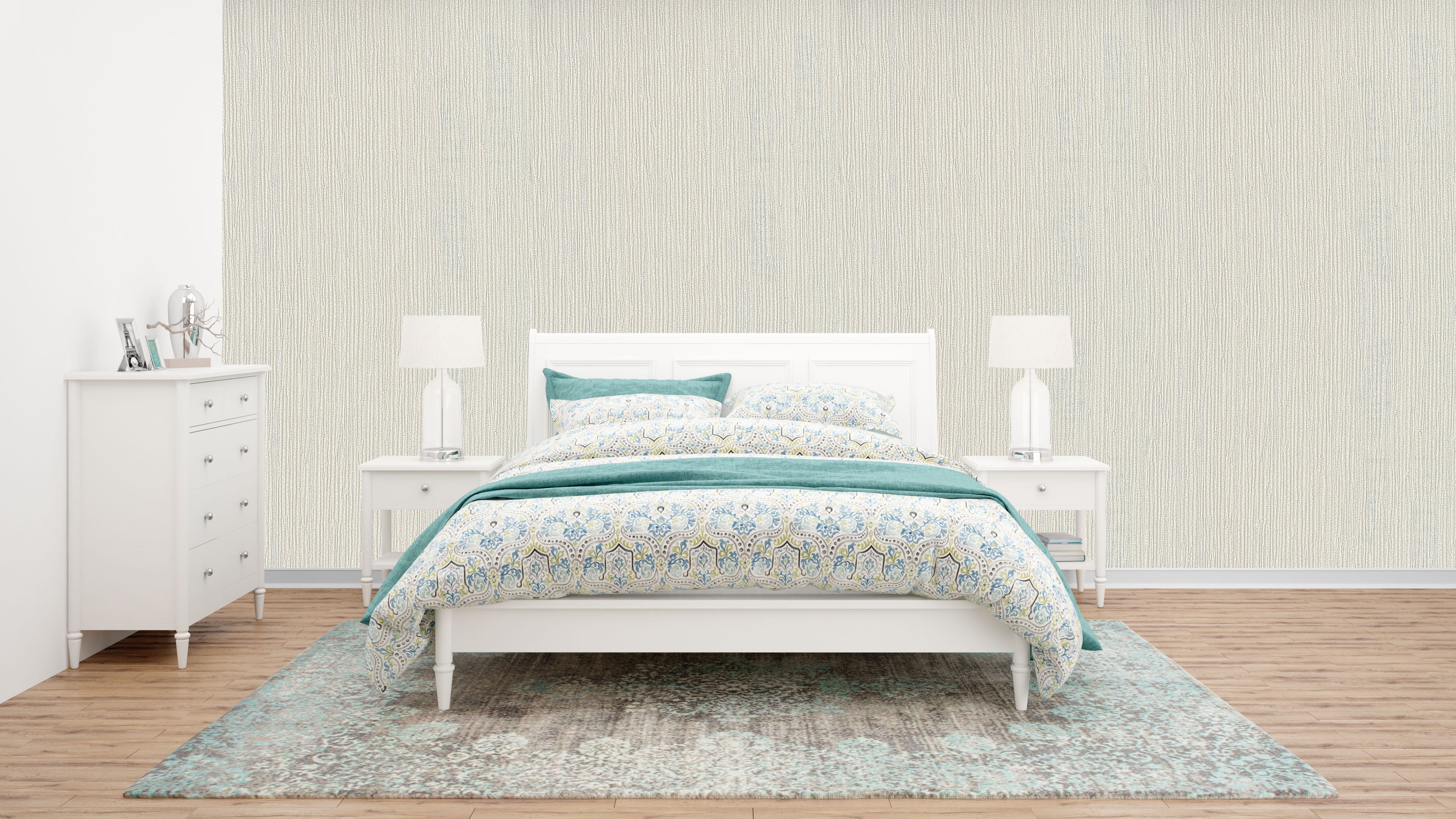 Elegant Light Beige Textured Stripe Wallpaper: Subtle Vertical Pattern for Serene Bedrooms