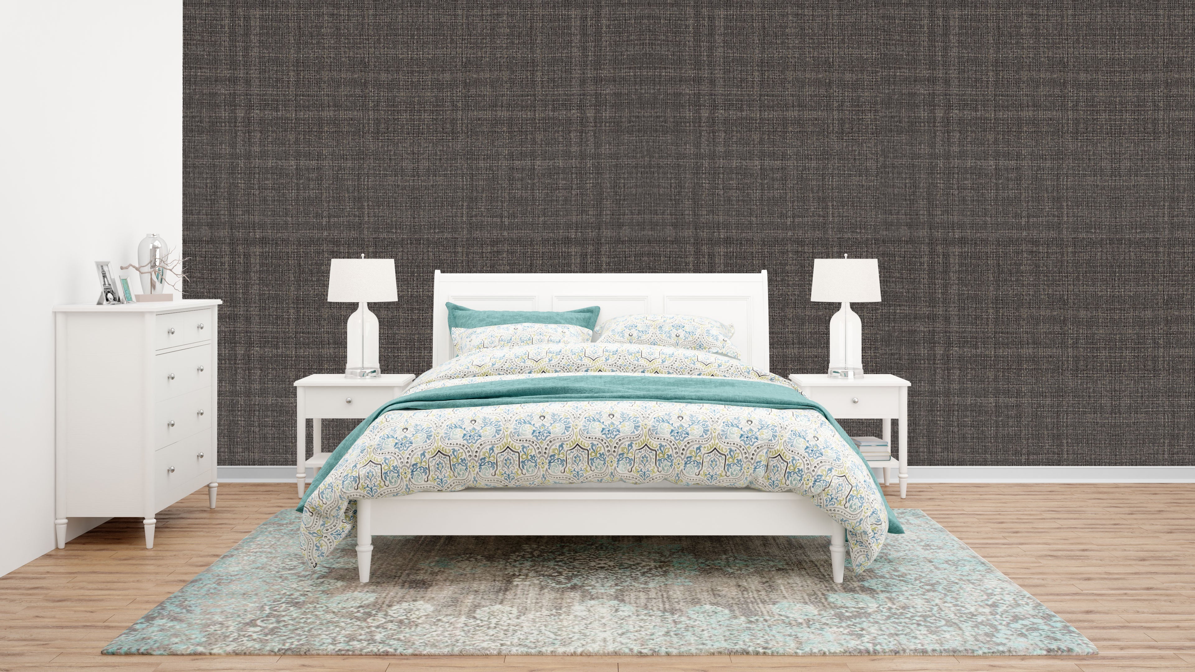 Dark Grey Linen Texture Wallpaper: Subtle Woven Design for Modern & Sophisticated Bedrooms