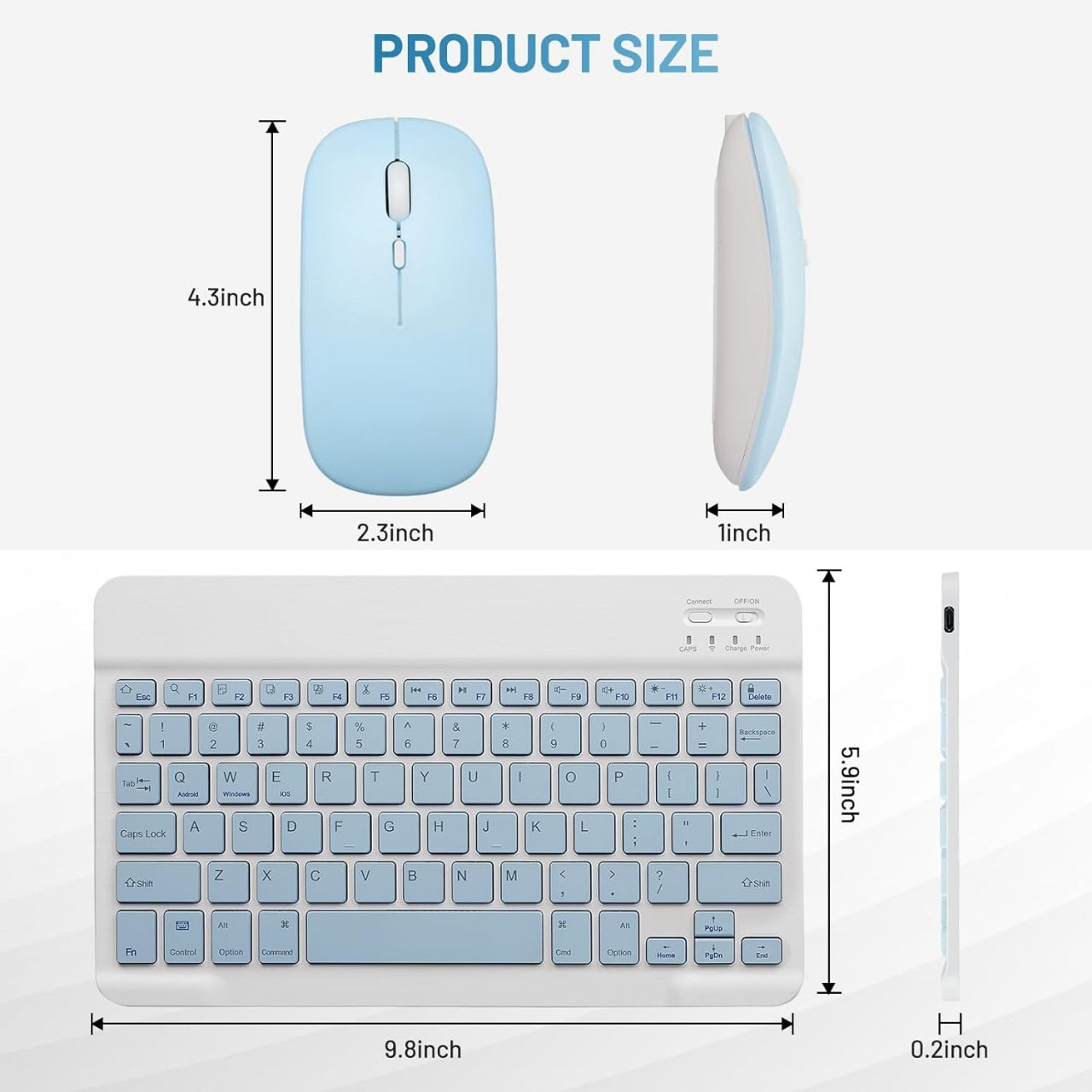 A top-down view of the light blue mouse with its length (4.3 inches) and width (2.3 inches) marked.