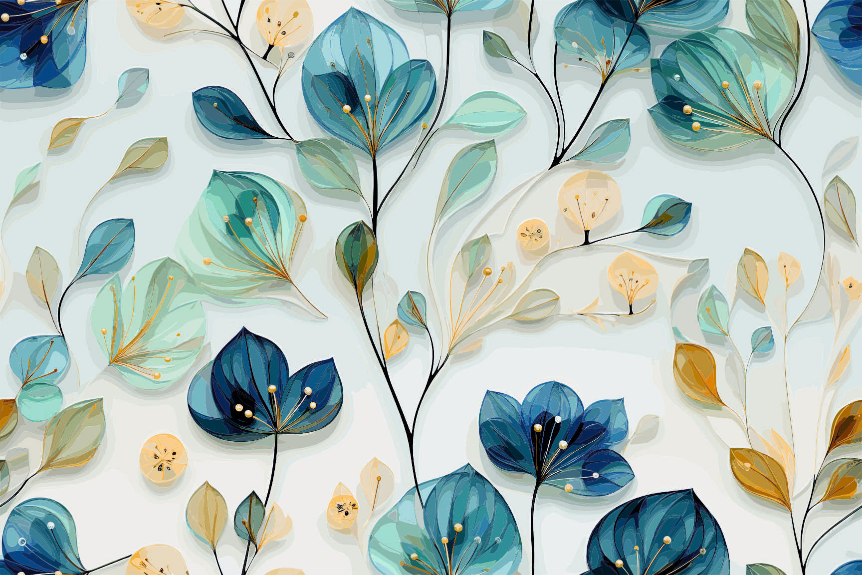 Botanical Blooms Seamless Pattern - Blue, Green & Gold Leaves with Berry Accents