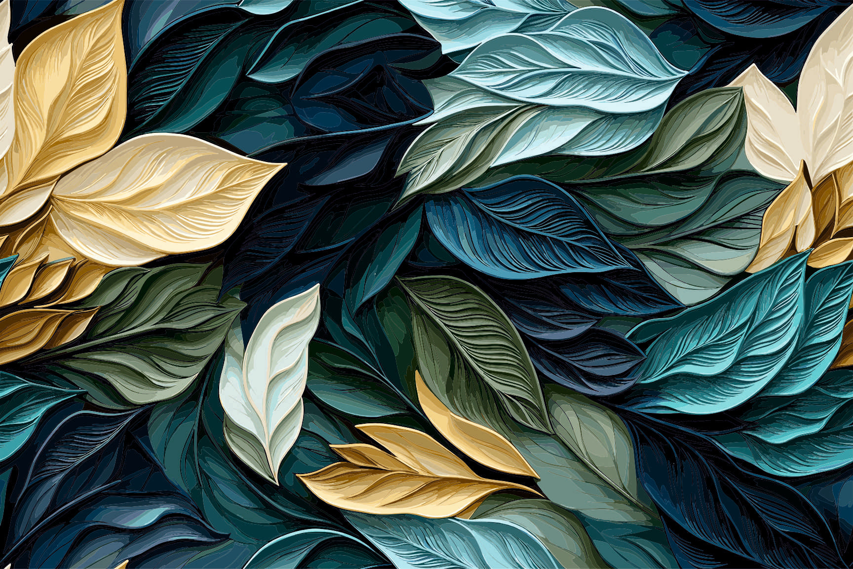 Deep Green & Gold Tropical Leaves Seamless Pattern - Luxurious Botanical Design
