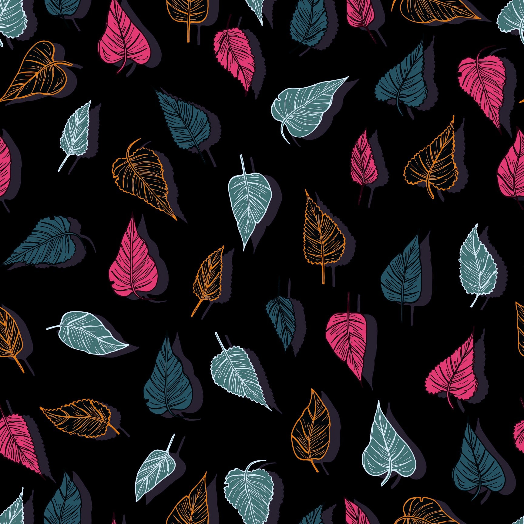 Autumn Forest Leaves Seamless Pattern - Pink, Teal & Orange Foliage on Dark Background