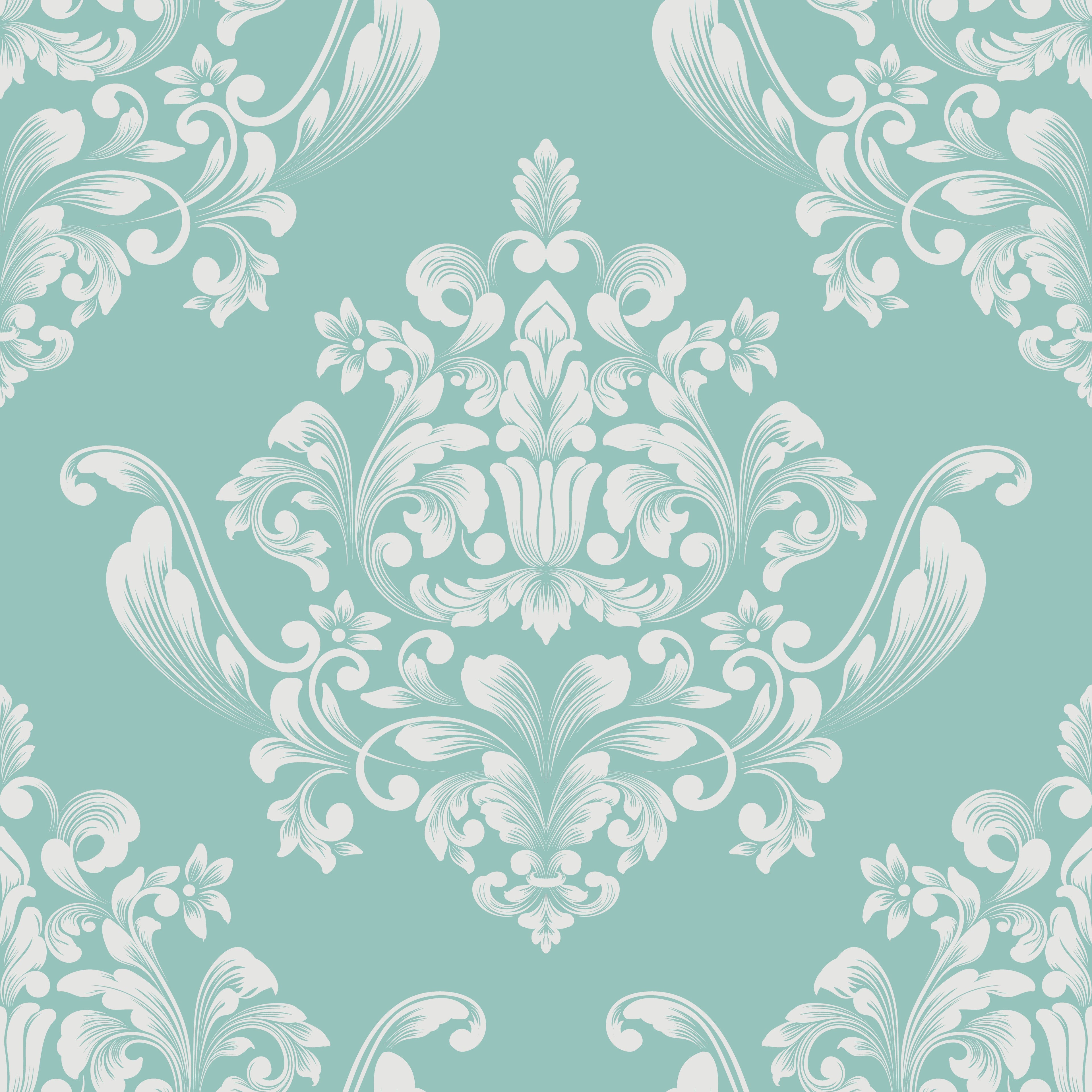 Elegant Damask Floral Seamless Pattern - White Ornate Design on Teal