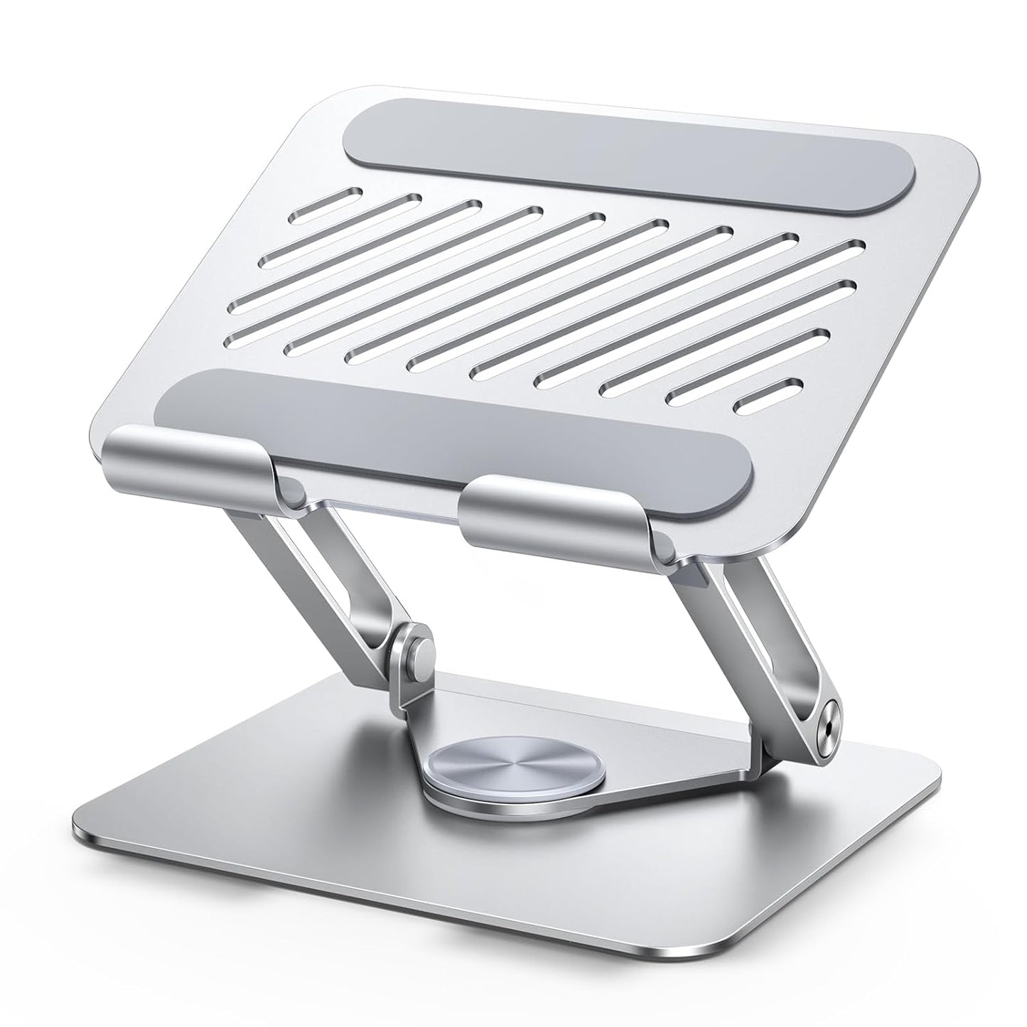 Silver adjustable laptop stand on a white background