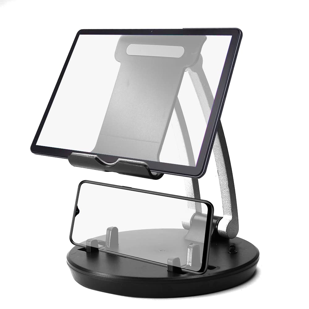 durReey Adjustable Desktop Tablet Stand 2 in 1 Mobile Phone & Tablet Holder Sturdy & Heavy Metal Base with Cable Organizer Clips for Tab, Tablet & Smartphone