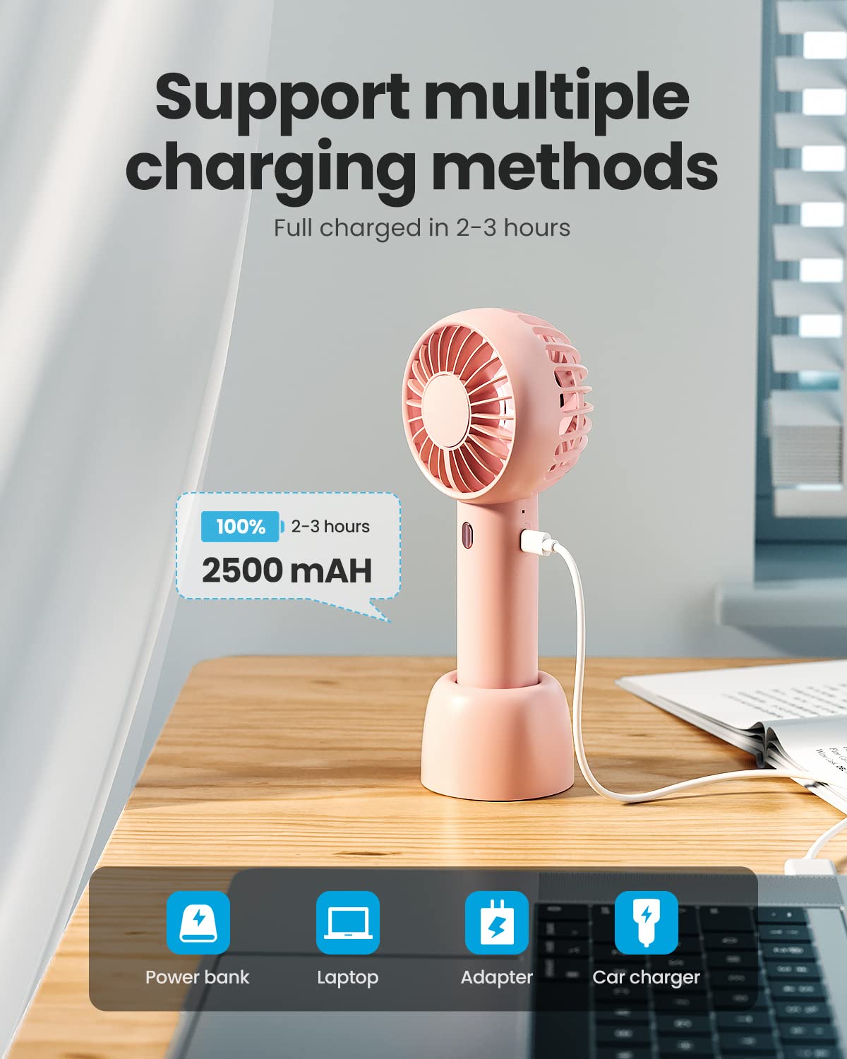 durReey Mini Portable Fan, Powerful Hand Fan Dual Motors Personal Small Handheld Fan with Base,Cute Design 3 Speed Lightweight Makeup USB Rechargeable Fan for Women, Men, Indoor, Outdoor (Pink, 15 cm)