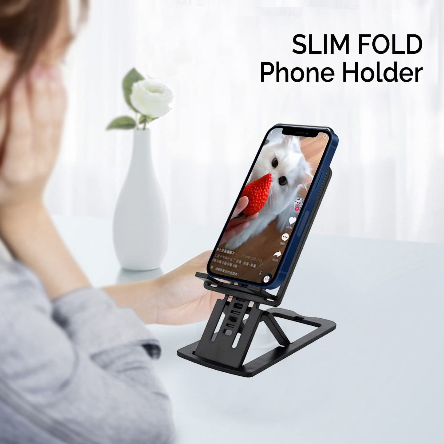 durReey Metallic Cell Phone Stand, Fully Foldable, Height and Angle Adjustable Desktop Phone Holder (Black)