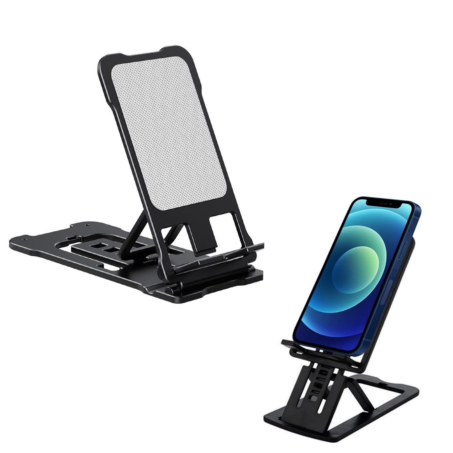 durReey Metallic Cell Phone Stand, Fully Foldable, Height and Angle Adjustable Desktop Phone Holder (Black)