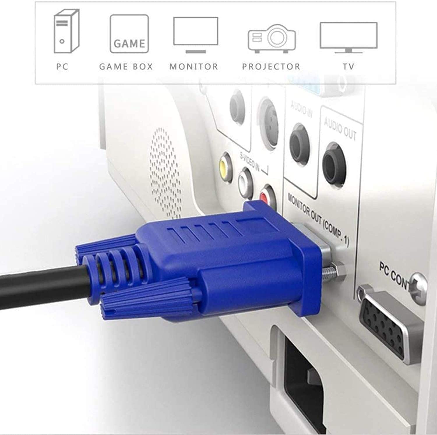 Blue VGA cable (HD15 male to male) connected to a projector port, with close-ups of the cable ends and monitor connection.
