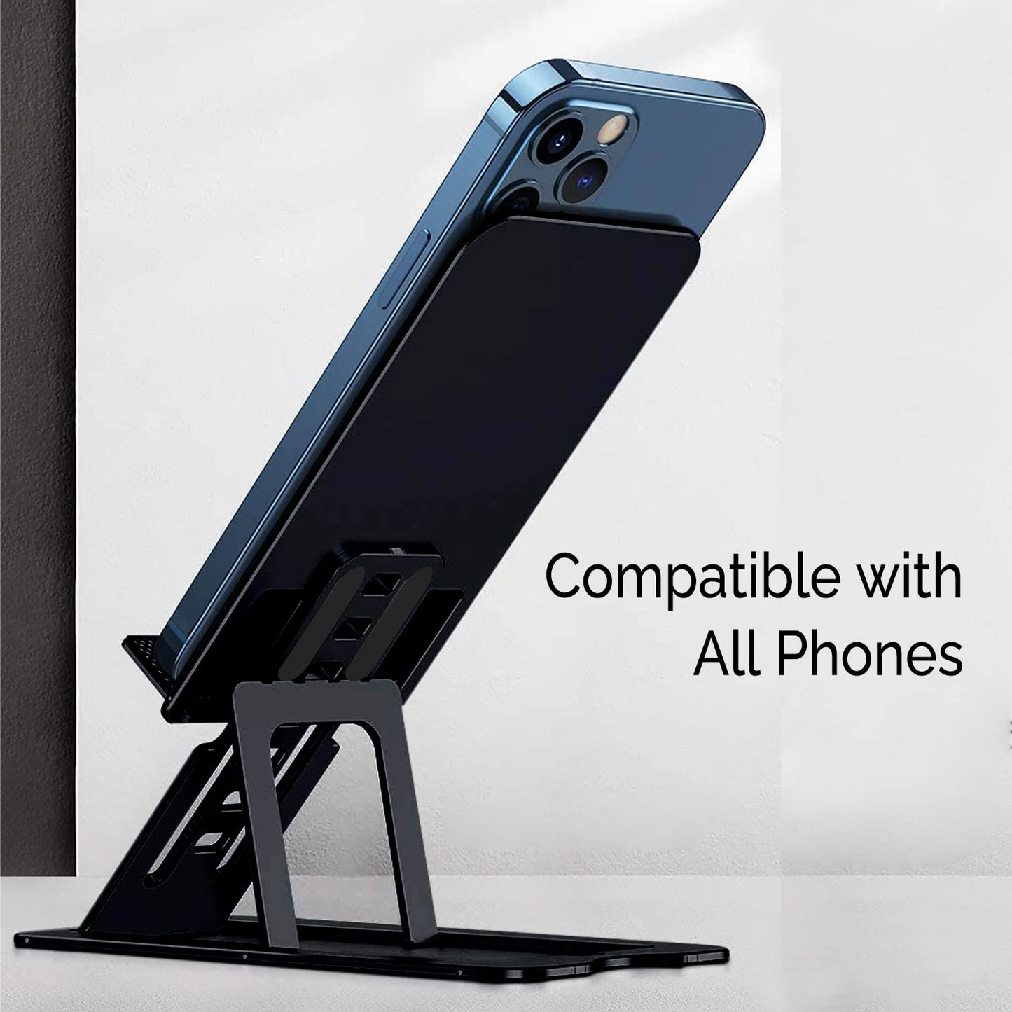 durReey Metallic Cell Phone Stand, Fully Foldable, Height and Angle Adjustable Desktop Phone Holder (Black)
