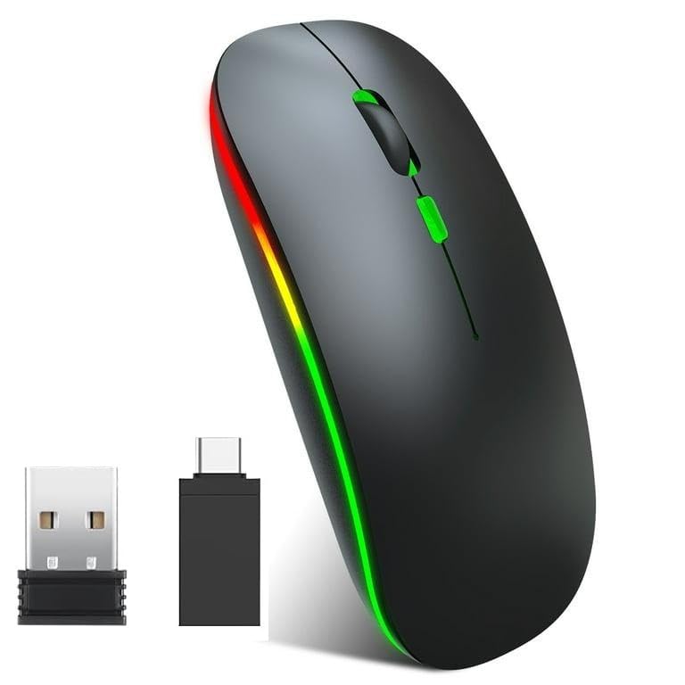 A dark grey wireless mouse with a slim, ergonomic design. A vibrant, multi-colored LED light strip runs along the left side of the mouse.