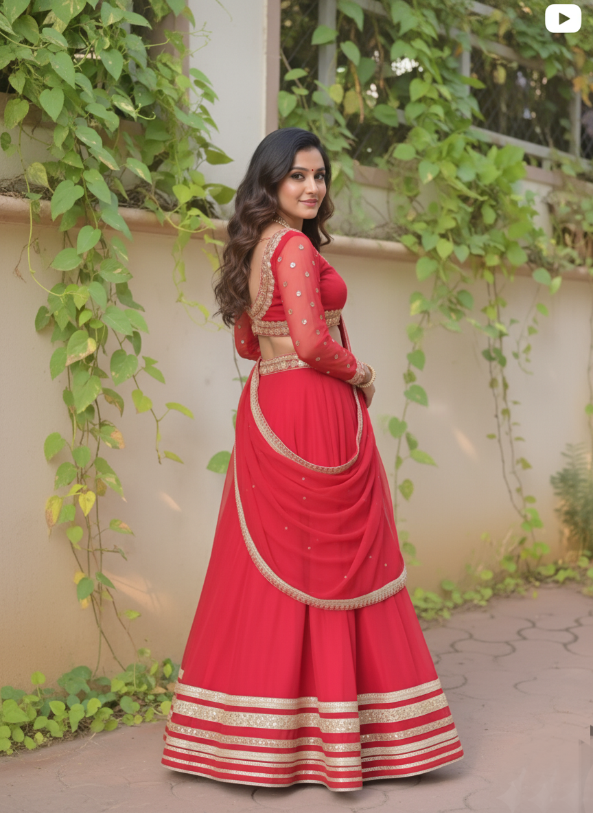 Woman in a red traditional outfit with gold details standing in front of a green leafy background.