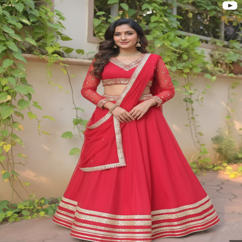 Woman in a red traditional outfit with gold details standing outdoors.