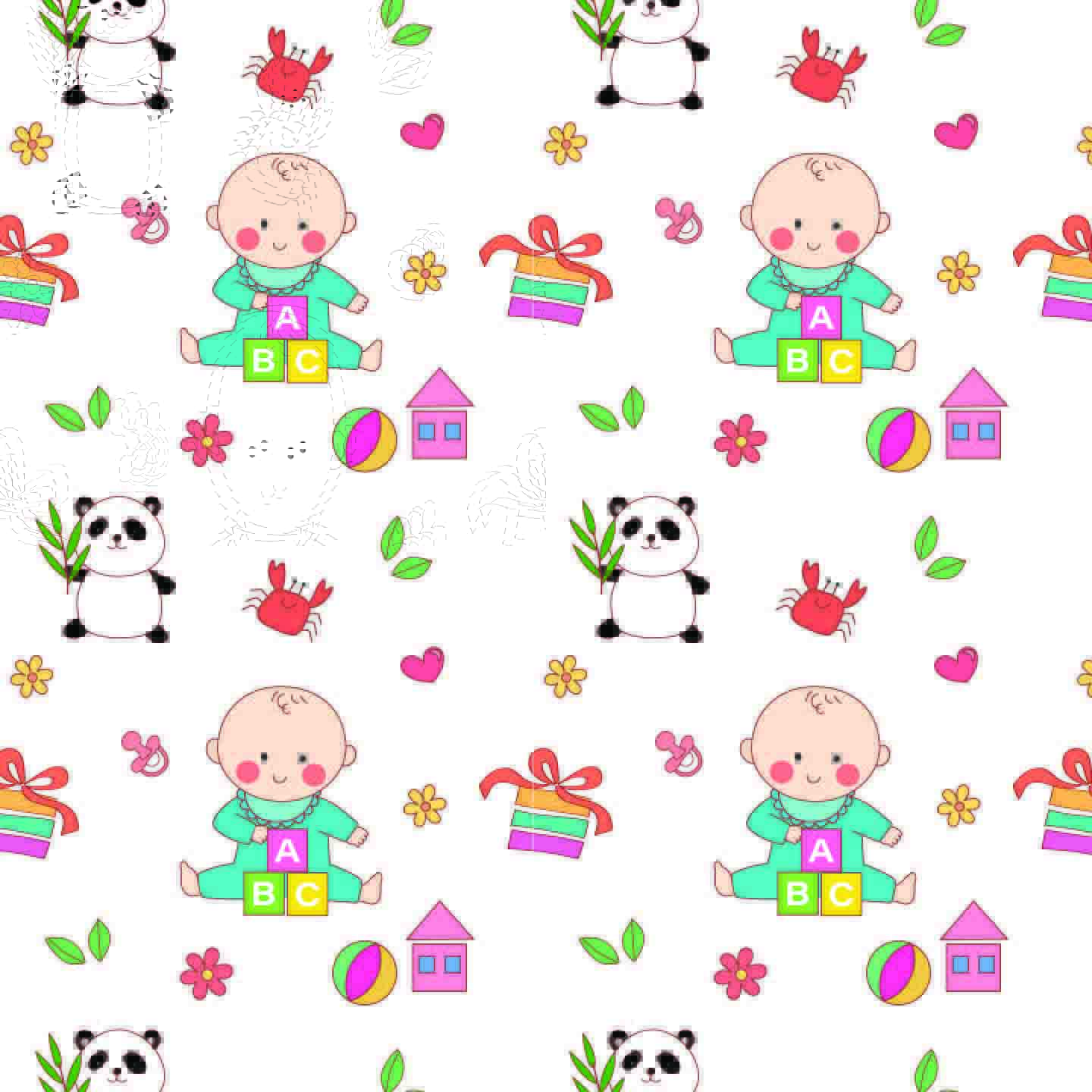 Cute Baby & Panda Seamless Pattern - Playful Nursery Design with Toys & Flowers.