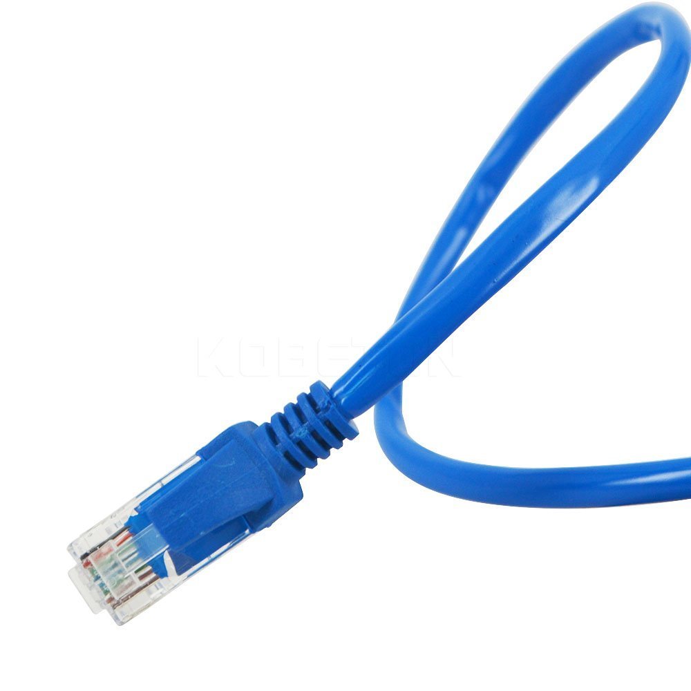 Blue Ethernet cable on a white background