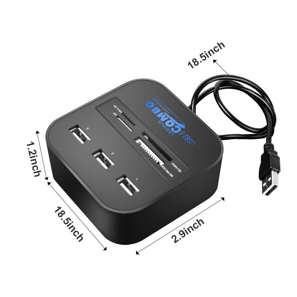 Black USB hub with dimensions labeled on a white background