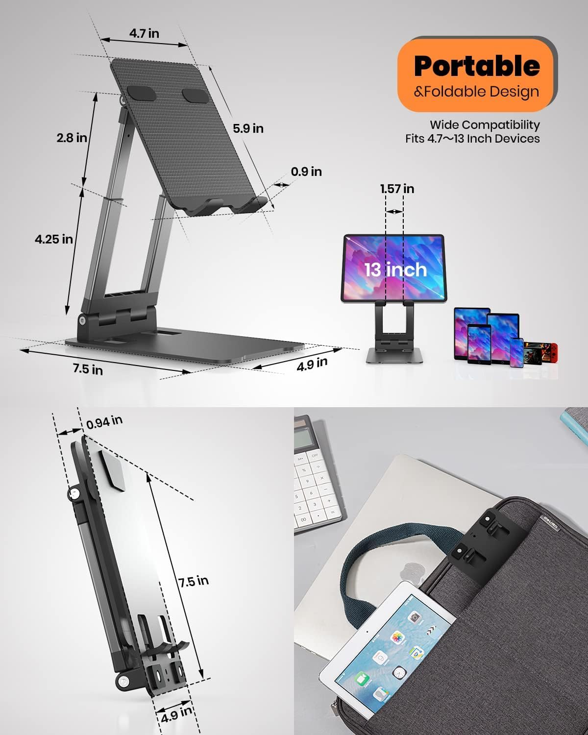 Portable and foldable stand with dimensions and compatibility for devices.