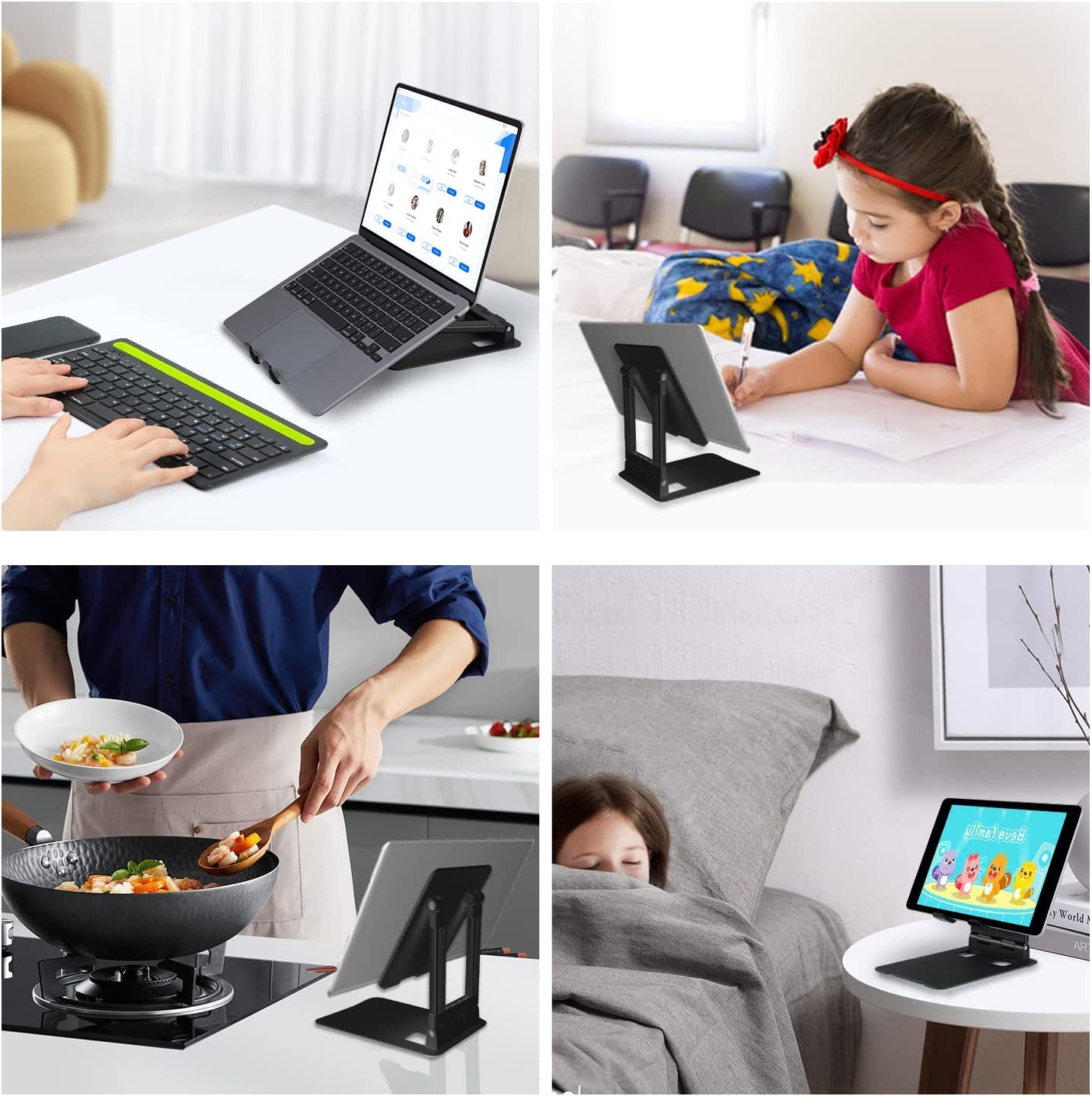 Collage of a laptop, tablet, and smartphone on stands in various settings.