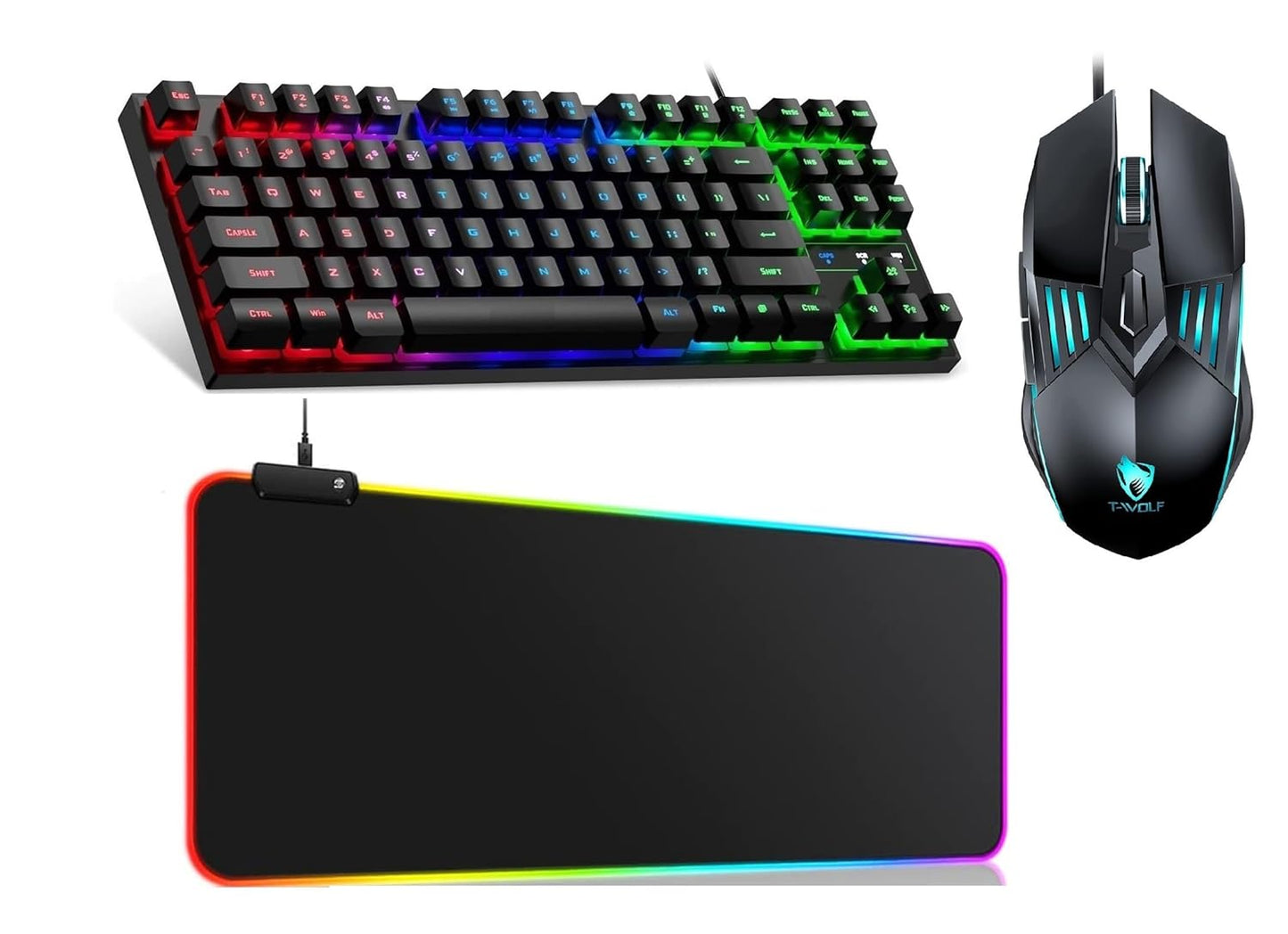 A close-up, angled view of a black RGB gaming keyboard from the T-WOLF brand, highlighting the rainbow backlighting on the keys and the 'T-WOLF' logo at the bottom.