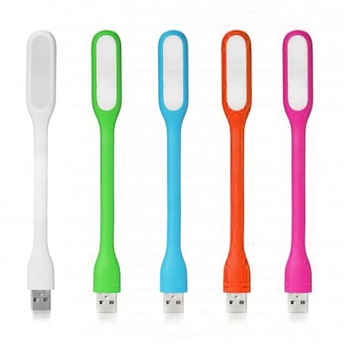 Five colorful USB LED lights on a white background