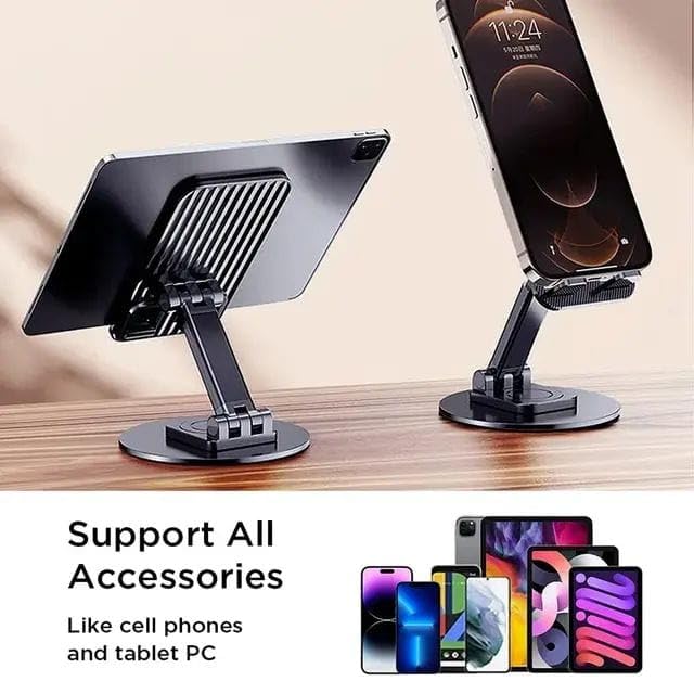 Two adjustable phone stands supporting various smartphones on a wooden surface.