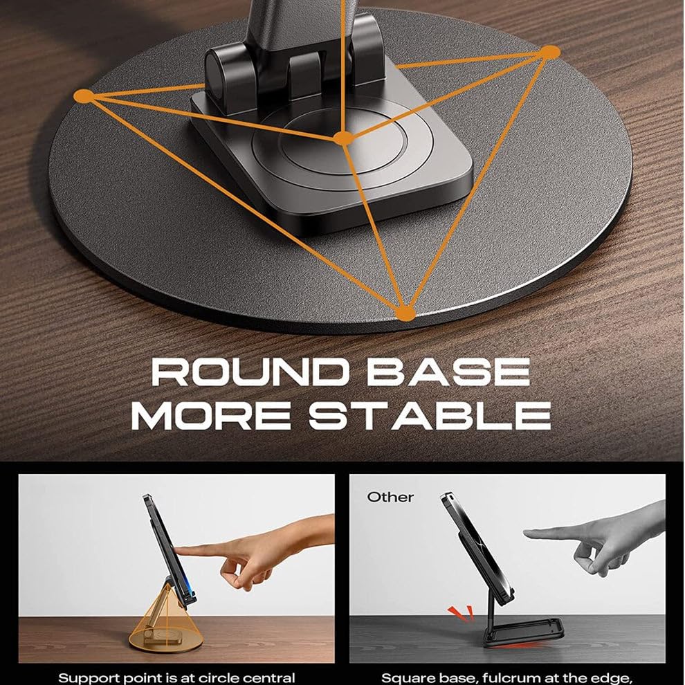 Tablet stand with round base on a wooden surface, highlighting stability.
