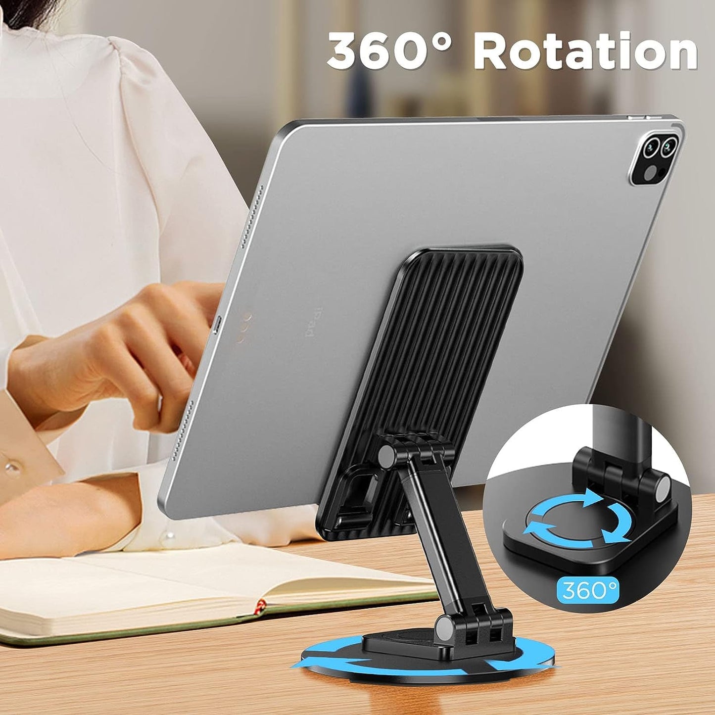 Tablet stand with 360-degree rotation feature on a desk