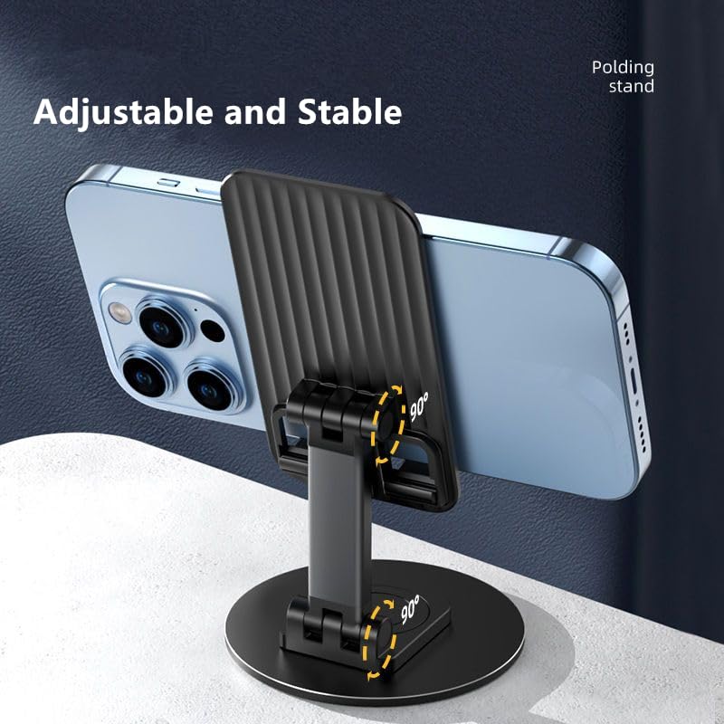 Black adjustable phone stand with a smartphone on a dark blue background