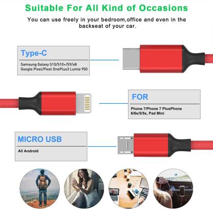 durReey USB Type C Cable 2 A 1.2 m Multi Charging Cable 4ft 3 in 1 Nylon Braided Multiple USB Fast Charging Cable for Android, iOS and Type C Devices USB Port Connectors
