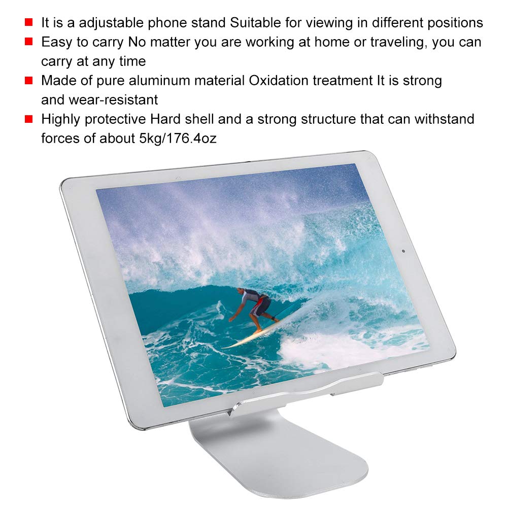 Adjustable phone stand with screen displaying a surfer on a wave, text about product features.