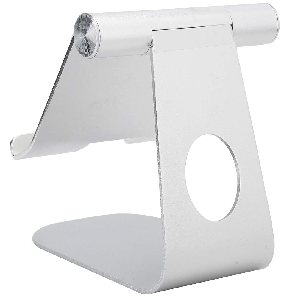 White electronic device stand with circular cutout on a white background