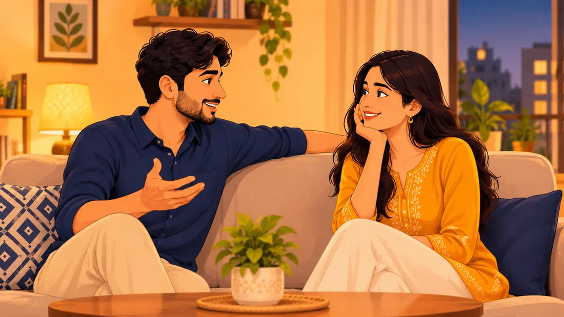 An Indian couple sitting side by side on a sofa in the evening, calmly talking, relaxed open body language, warm lamp light, a sense of trust and comfort.
