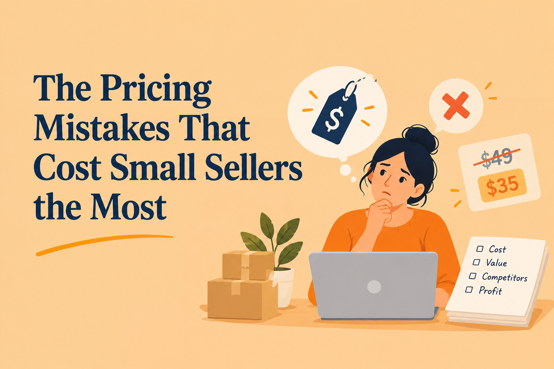 The Pricing Mistakes That Cost Small Sellers the Most – illustration of a small business owner reviewing product prices, pricing errors, shipping costs, and profit checklist on a light orange background.