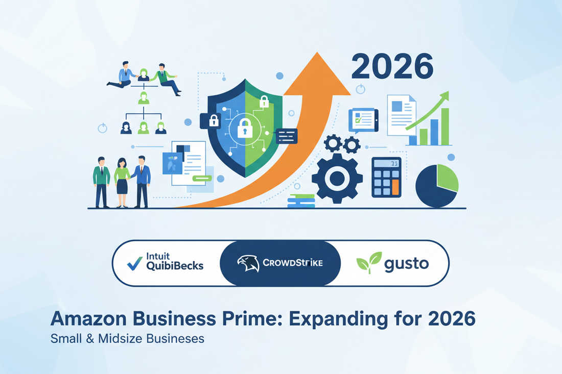 A digital collage showing the Amazon Business Prime logo alongside icons for QuickBooks, CrowdStrike, and Gusto, representing new business software benefits.