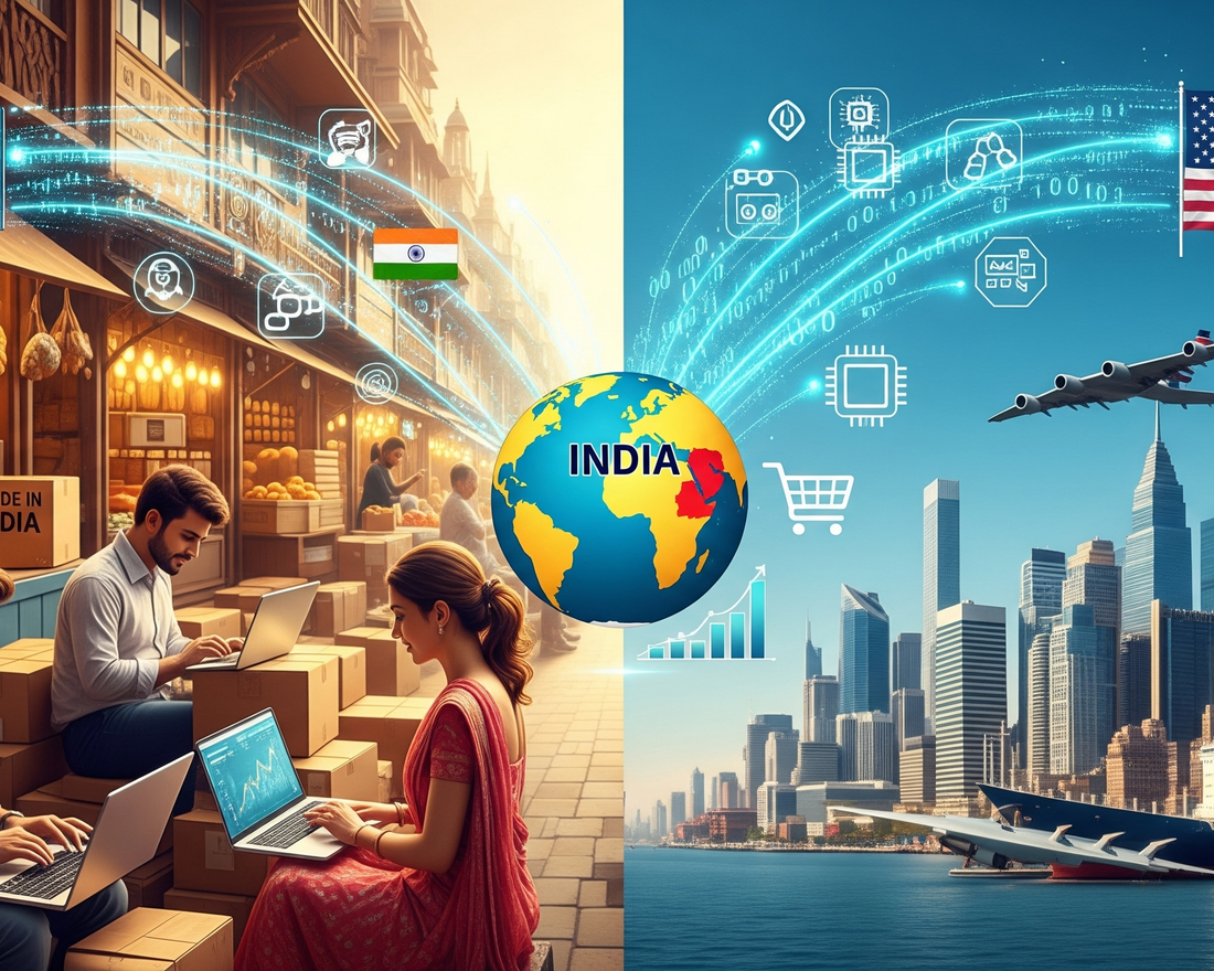 A dynamic split-screen image illustrating the digital trade connection between India and the USA. On the left, an Indian marketplace scene shows small business owners working on laptops and packaging goods, with boxes labeled Made in India.
