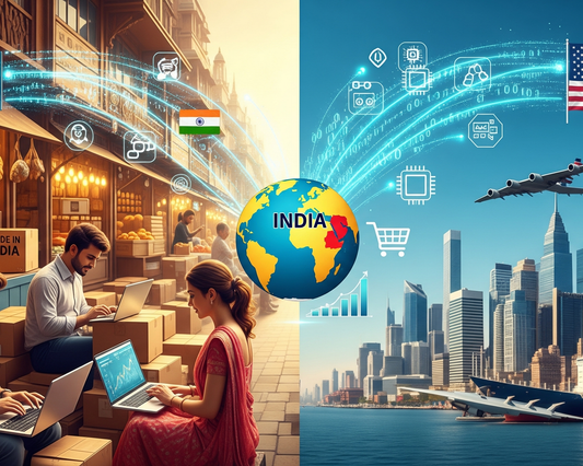 A dynamic split-screen image illustrating the digital trade connection between India and the USA. On the left, an Indian marketplace scene shows small business owners working on laptops and packaging goods, with boxes labeled Made in India.