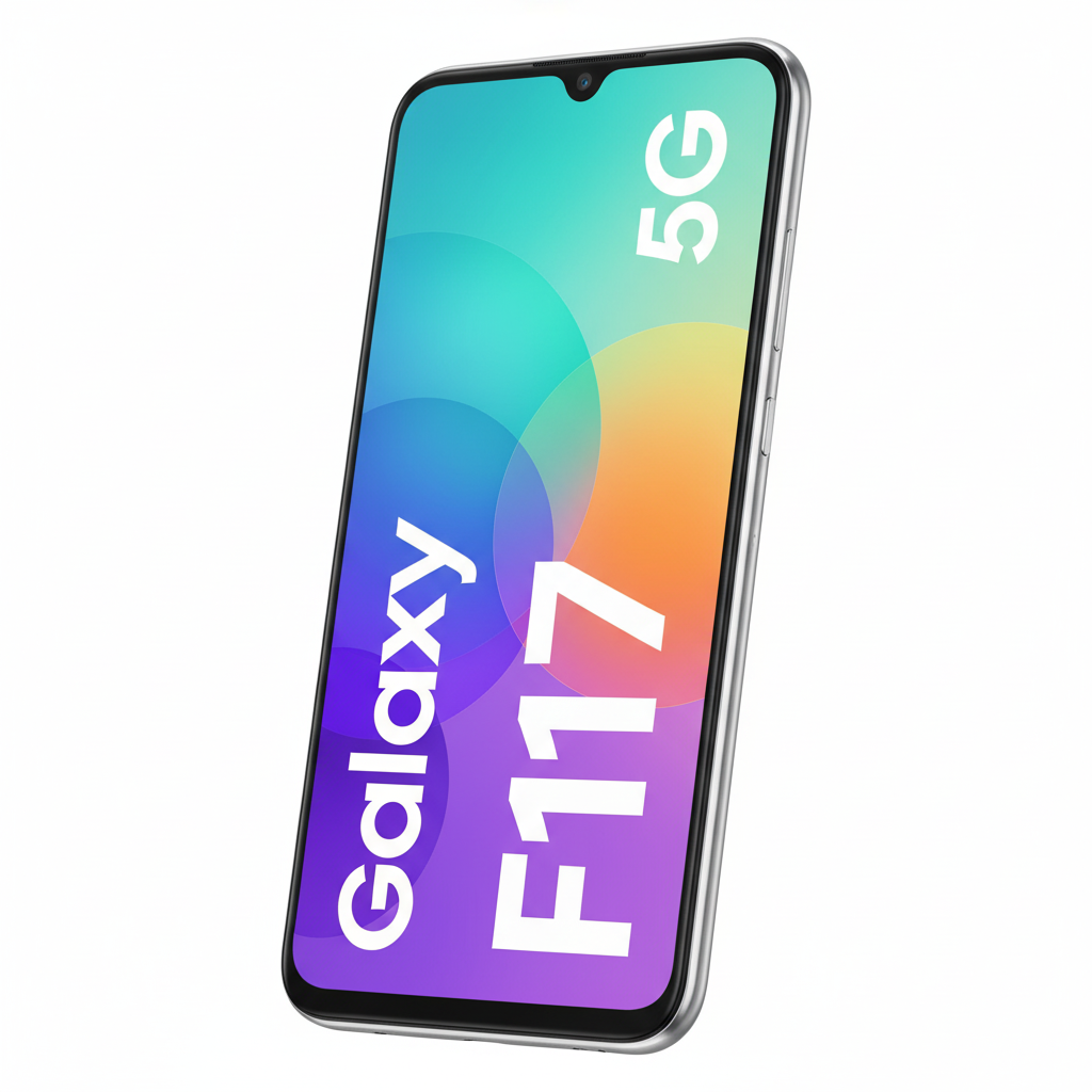 A close-up, angled product shot of the Samsung Galaxy F17 5G in a silver color, showing the front of the phone with a colorful abstract wallpaper. The text "Galaxy F17 5G" is displayed on the screen in large white letters.