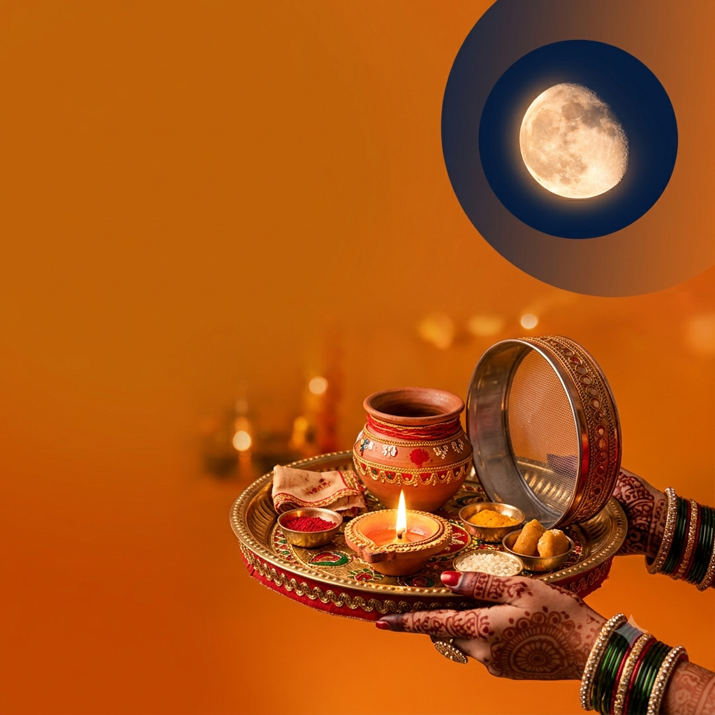 Woman’s hands holding a Karva Chauth puja thali as the moon rises over Mumbai