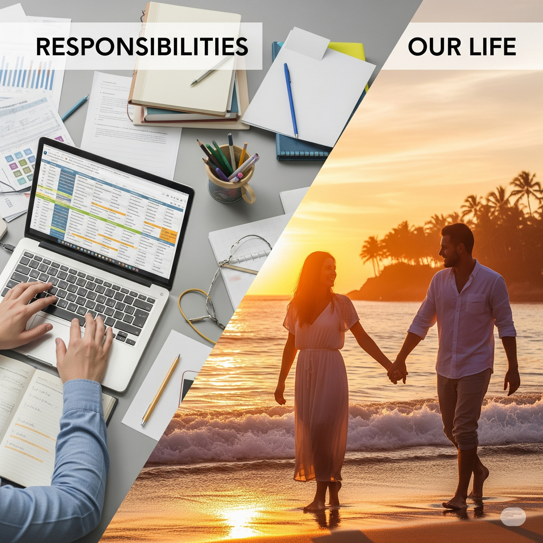 A subtle diagonal line divides the two contrasting scenes, visually connecting the two aspects of life.