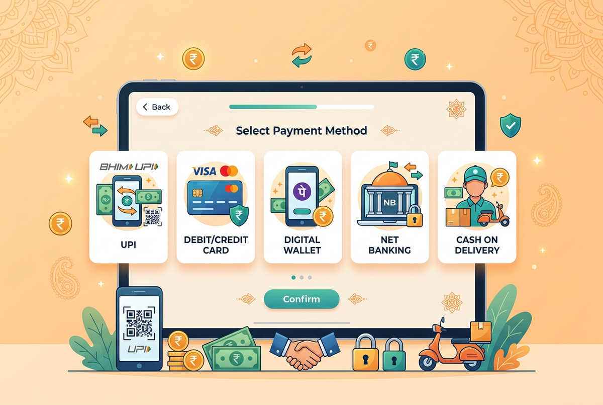 Comparison of online payment methods including UPI, debit and credit cards, digital wallets, net banking, and cash on delivery, highlighting safety, refunds, and convenience for online shoppers.