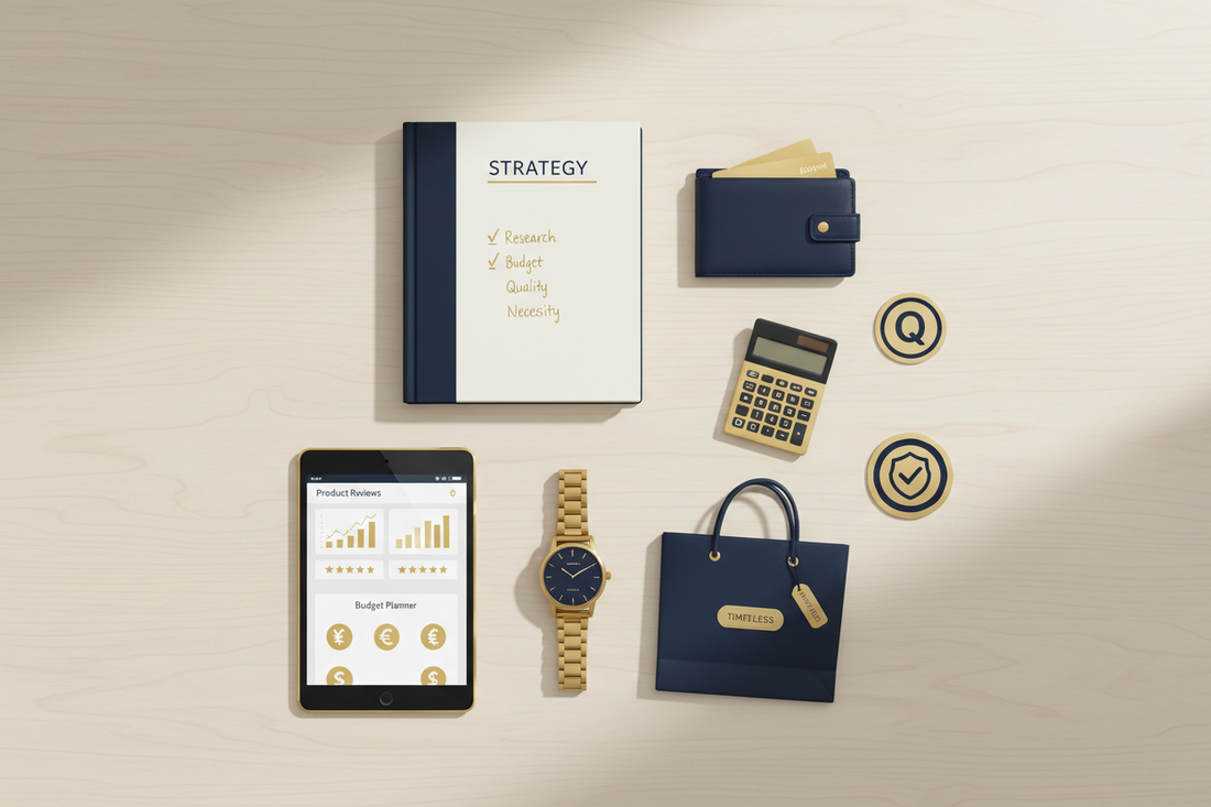 An overhead shot of various items arranged on a light wooden surface, illustrating the concept of strategic shopping and financial planning.
