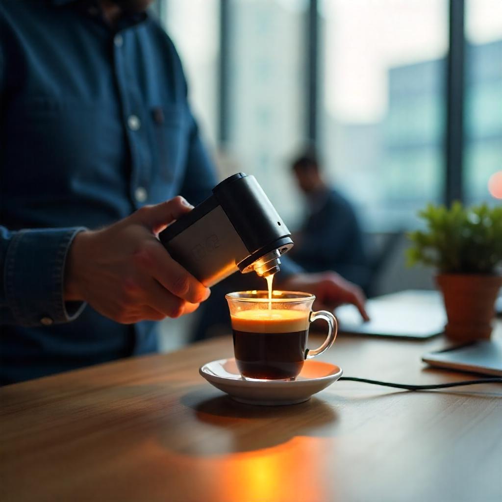 A person using a USB-powered portable espresso maker in a modern office setting, highlighting its convenience and practicality.