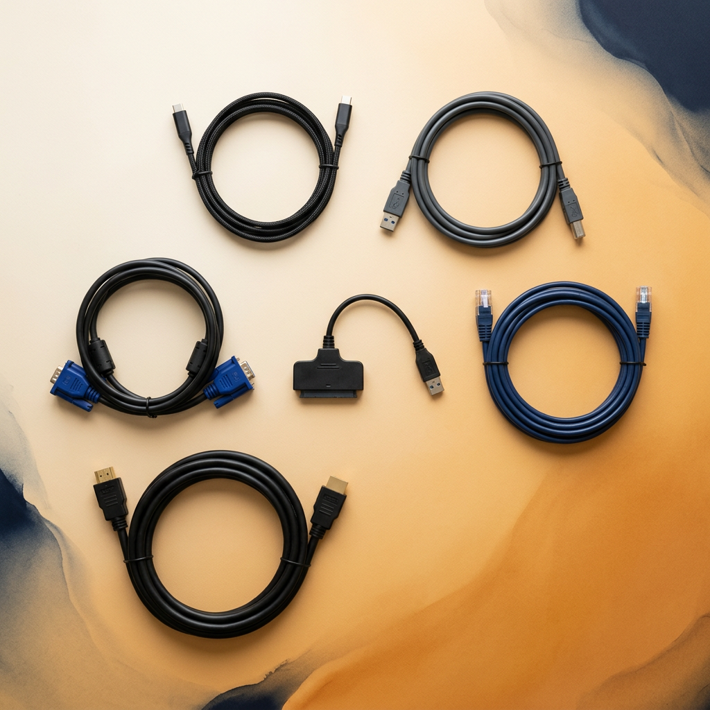 Flat lay of HDMI, VGA, USB and blue Ethernet cables with a SATA to USB adapter on a cream background