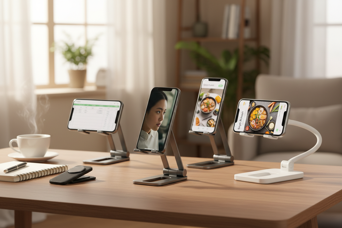 A collection of four smartphones mounted on various stands—three grey metal foldable stands and one white flexible gooseneck stand—arranged on a wooden desk.