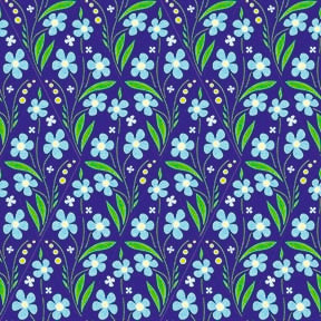 Bright Folk Art Floral Seamless Pattern - Blue Flowers & Green Leaves on Dark Blue.