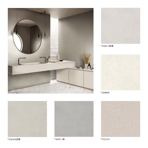 Sleek Bathroom Vanity with White Countertop & Round Mirror, showcasing Modern Neutral Tiles.